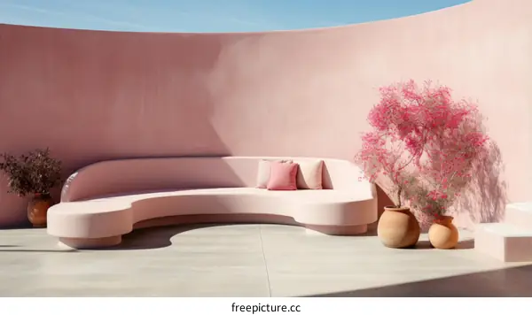 pink curved sofa in pink room with pink potted plants