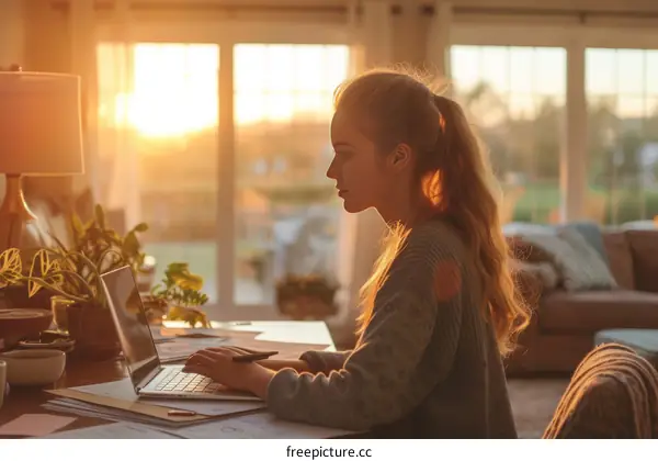 Woman working from home on her laptop in the evening