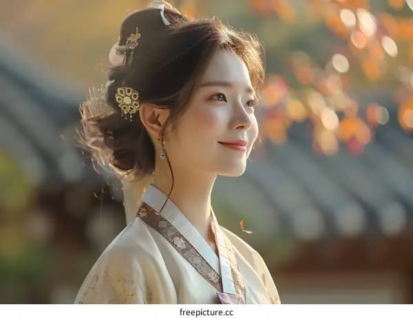 Portrait of a young Korean woman in traditional dress, smiling