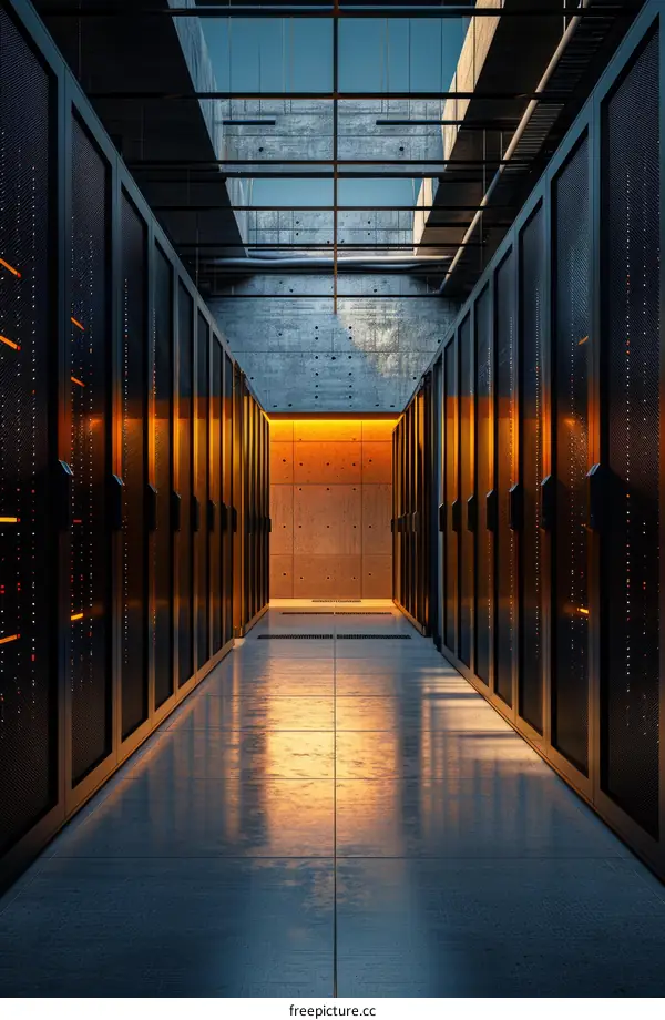 Futuristic server room with supercomputers