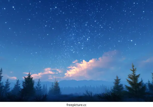 Starry Night Sky Over Misty Forest