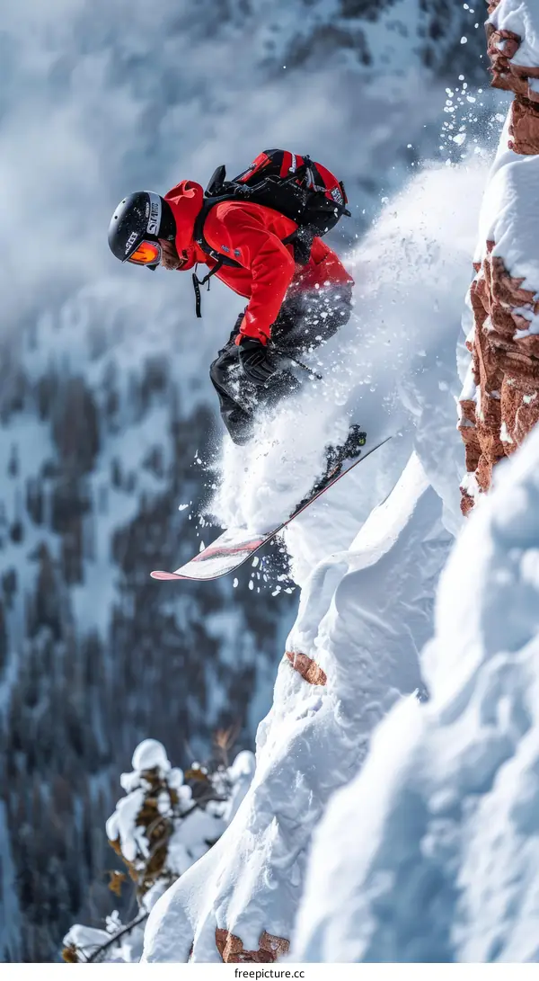 Snowboarder Launching Off from Clifftop