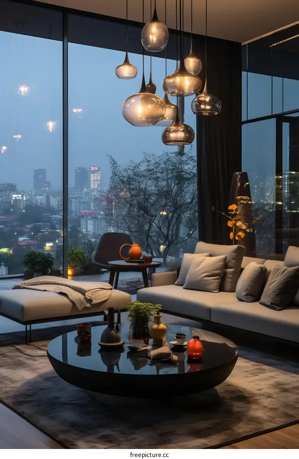 Modern living room interior with city view at night