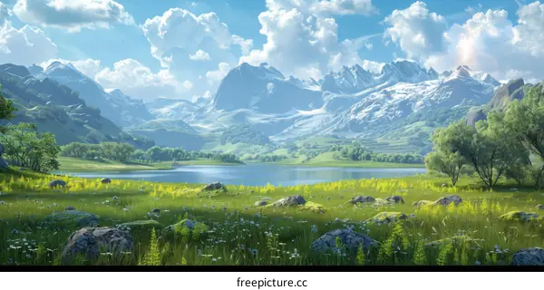 Mountain Lake with Green Field