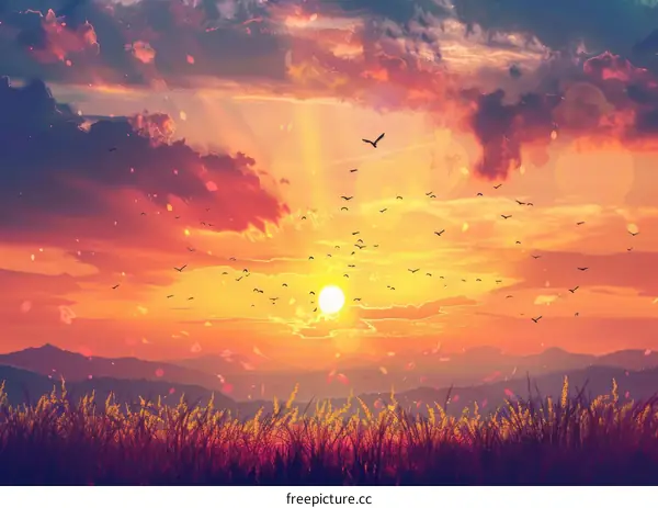 Birds Flying Over a Field of Flowers at Sunset
