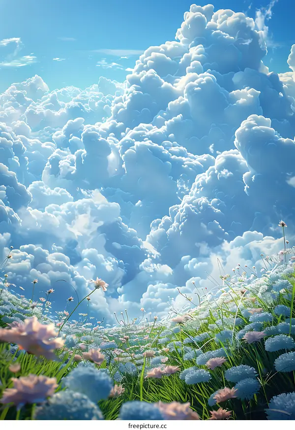 White clouds in the sky and flowers on the grassland