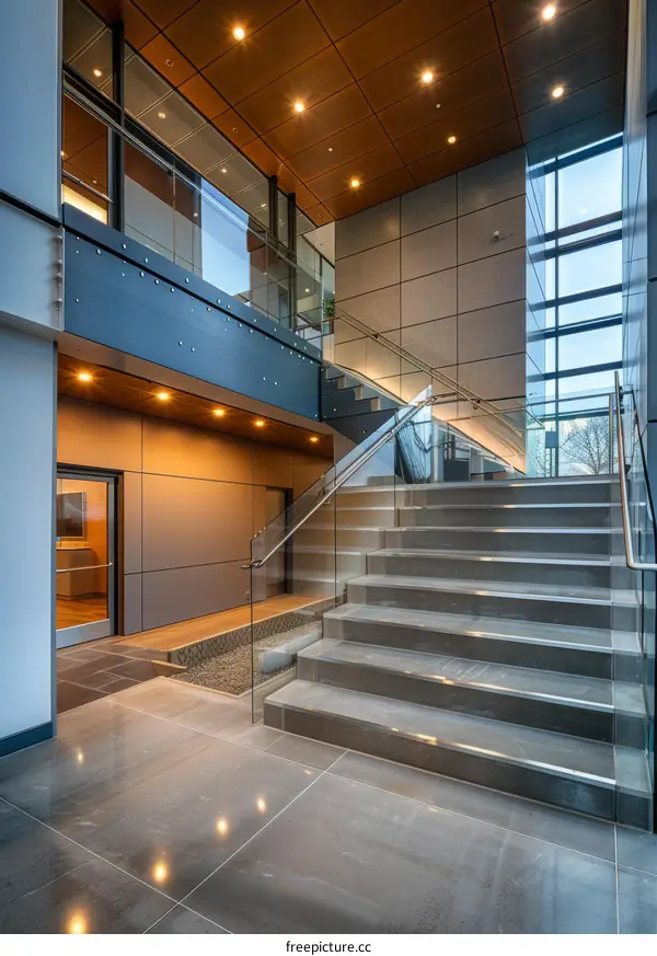 Modern office building interior with staircase and glass railings