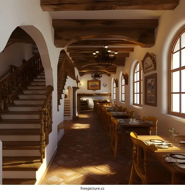 Rustic Wooden Interior Design with Staircase and Chandelier