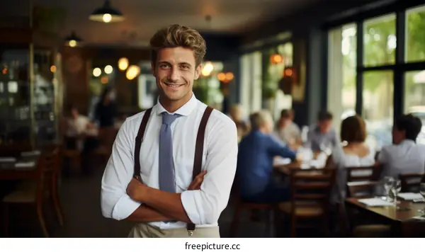 portrait of a young male waiter in a restaurant