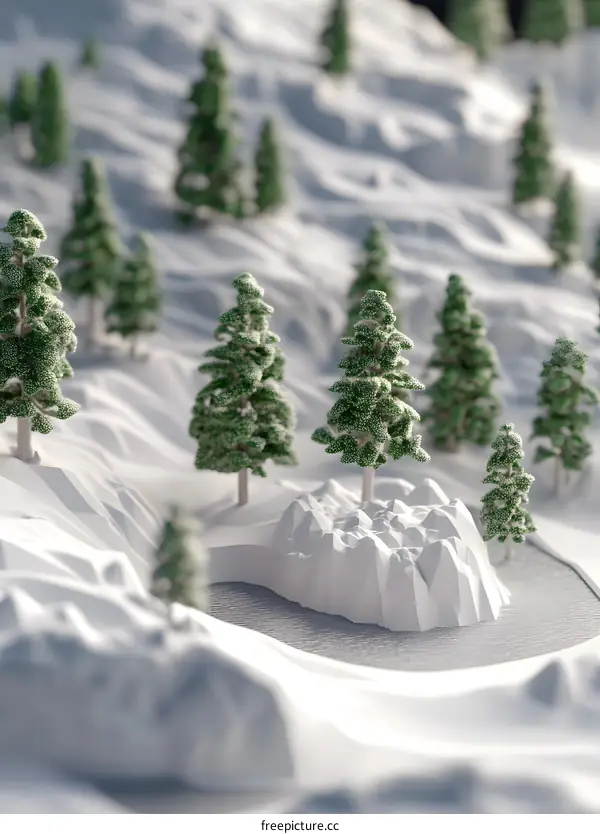 Minimalist Low Poly Winter Landscape with Snow Covered Trees and a Frozen Lake