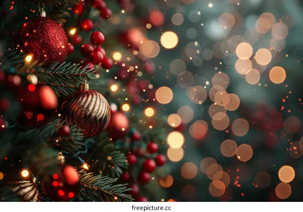 Christmas tree with hanging ornaments and lights