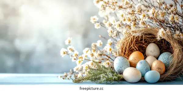Easter Eggs in a Nest with Flowers