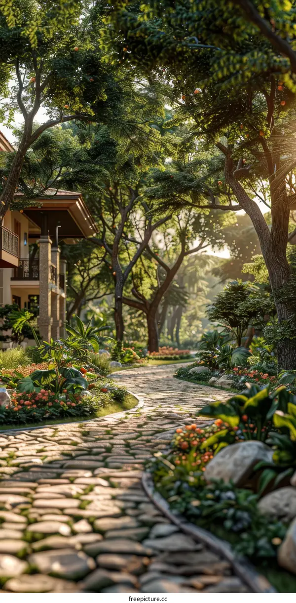 Beautiful Stone Path in a Vibrant Lush Garden
