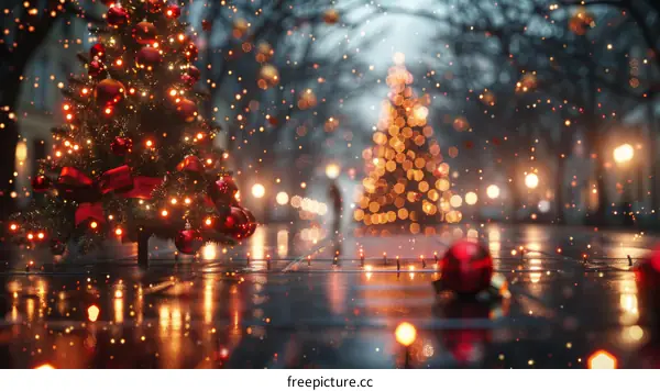 Illuminated Christmas Tree on City Street at Night