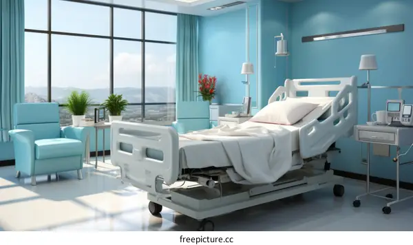 Patient room interior with a large window