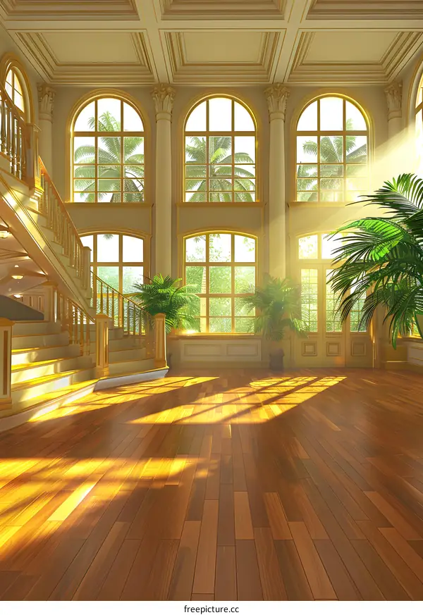 Luxury Interior Design with Golden Staircase and Large Windows