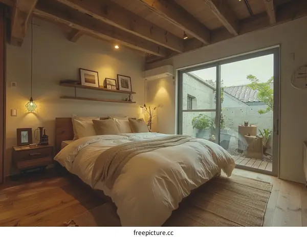 A bedroom with a wooden ceiling and a glass door leading to a courtyard