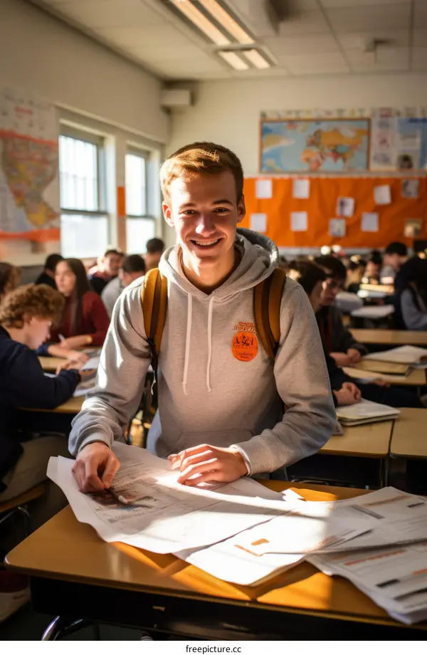 Portrait of a smiling teenage boy standing in a classroom