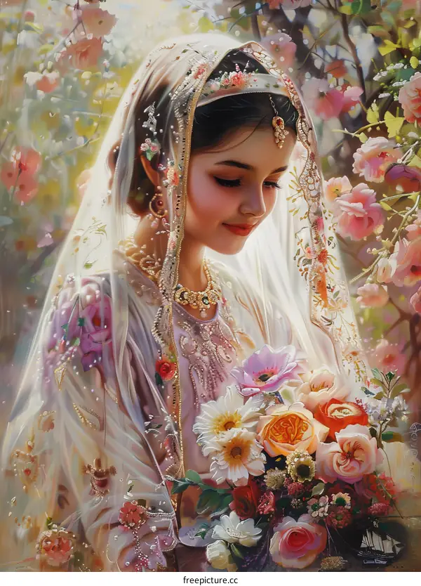A beautiful Indian bride wearing a traditional wedding dress and jewelry.