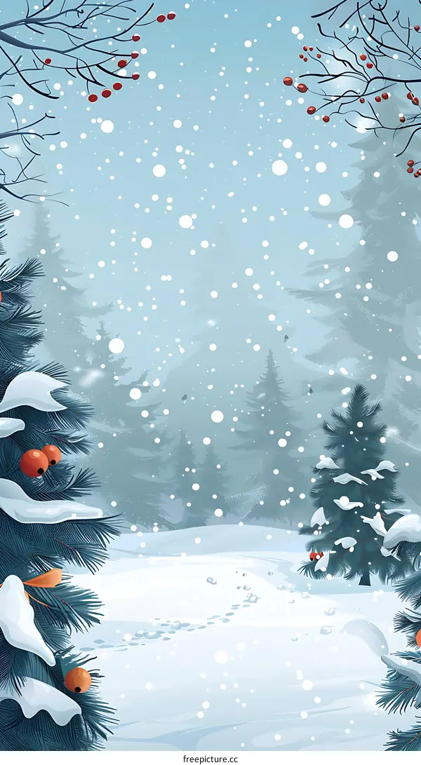 Winter Forest Scene with Snow Falling