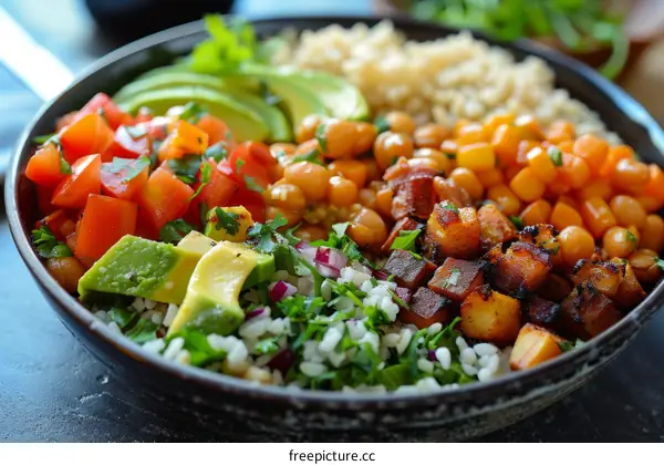 Hearty Vegan Grain Bowl with Sweet Potato, Chickpeas, and Avocado