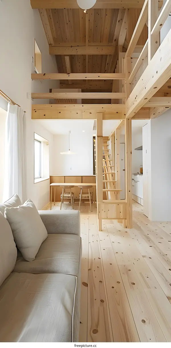 Minimalist Loft Design with Wooden Beams and a Light Color Palette