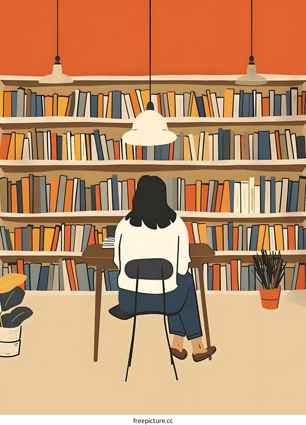 Woman Sitting in Front of Bookshelf in Library