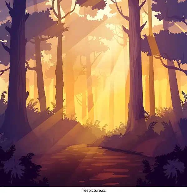 Forest Path With Sun Rays Illustration