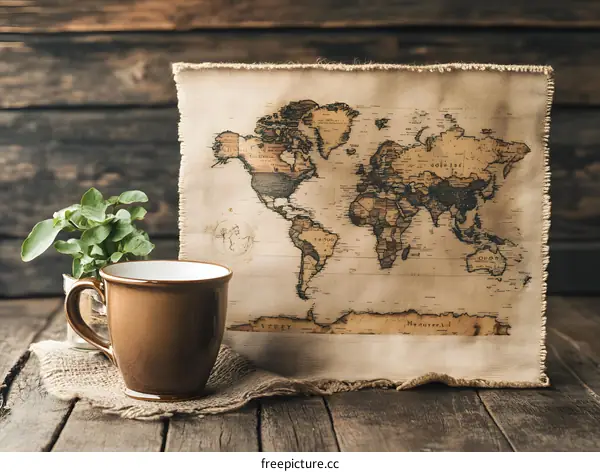 Vintage World Map with Coffee Mug and Plant on Wooden Table