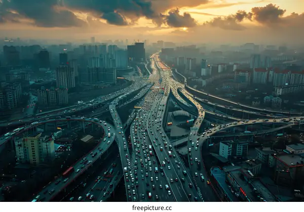 Urban Elevated Expressway Interchange at Sunset with Heavy Traffic