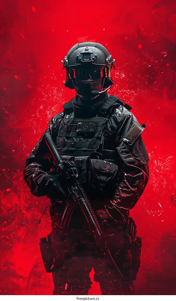 Special Forces Soldier in Black Uniform and Mask with Gun