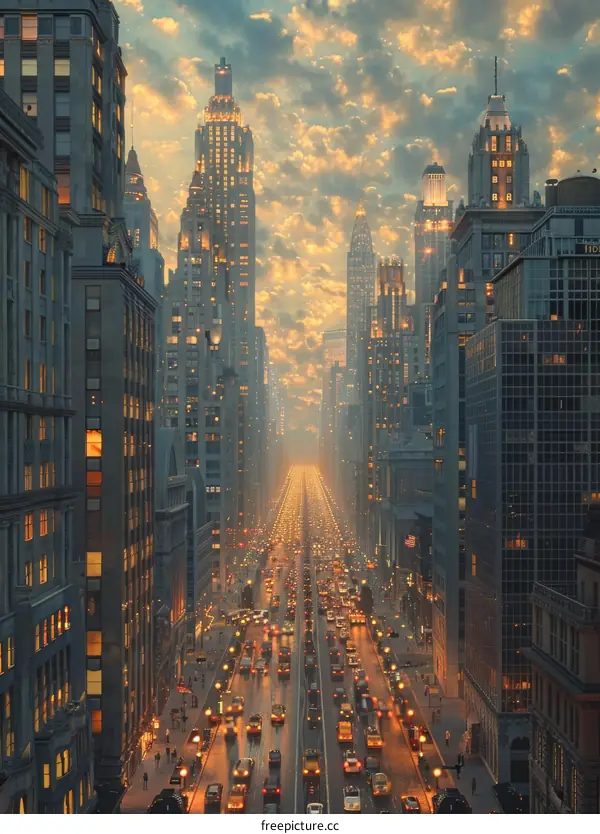 Evening Cityscape with Skyscrapers and Traffic