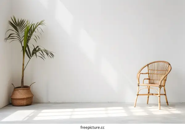 Minimalist Living Room Interior Design with Wicker Chair and Palm Plant