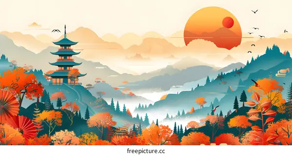 Tranquil Autumn Landscape With Pagoda