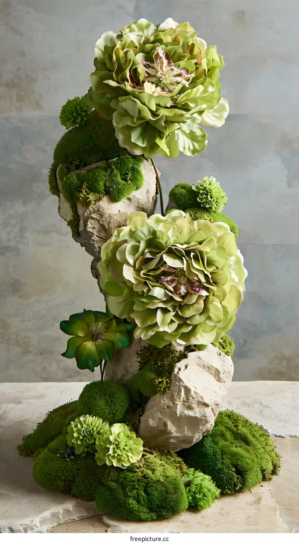 Green Flowers and Moss Arrangement in Stone