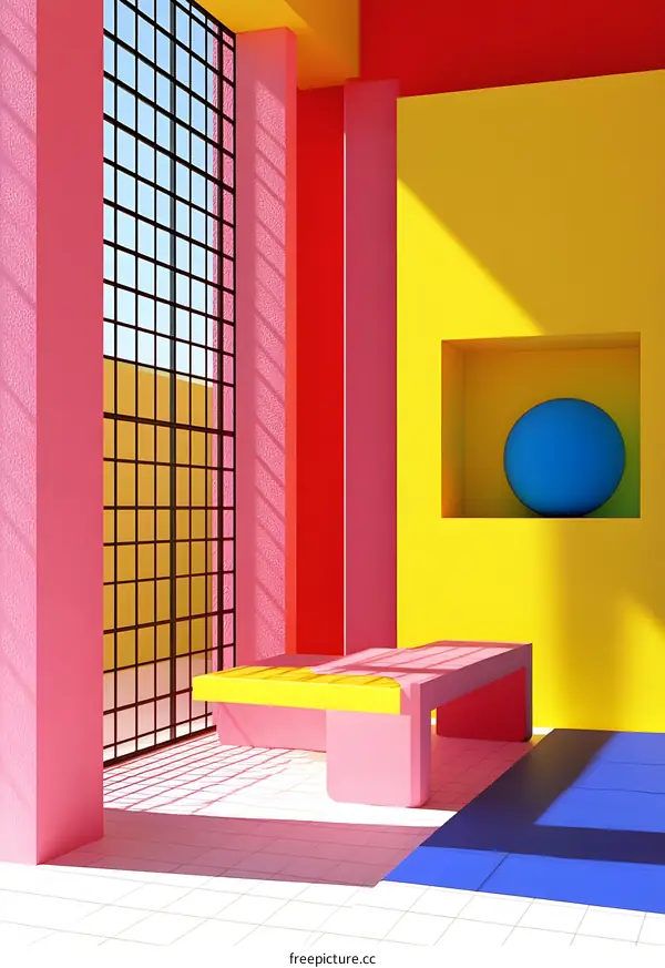 Minimalist Interior Design with Geometric Shapes and Vibrant Colors