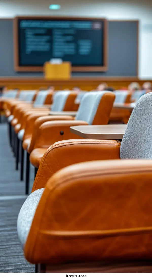 Empty Lecture Hall With Brown Leather And Gray Fabric Chairs