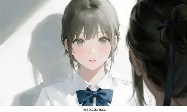 Two young girls in school uniforms talking indoors