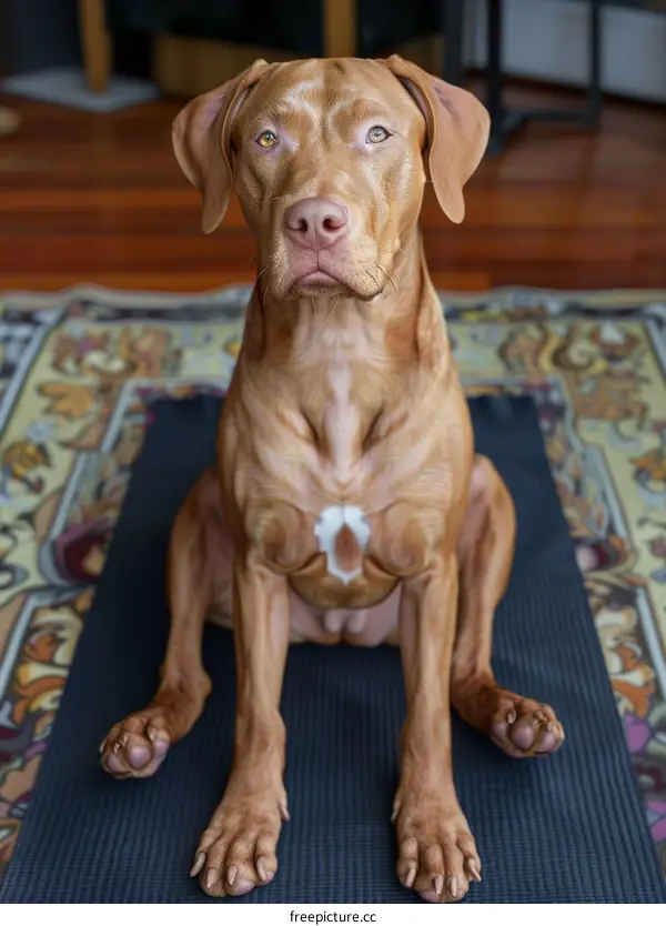 A brown Vizsla dog sits on a yoga mat