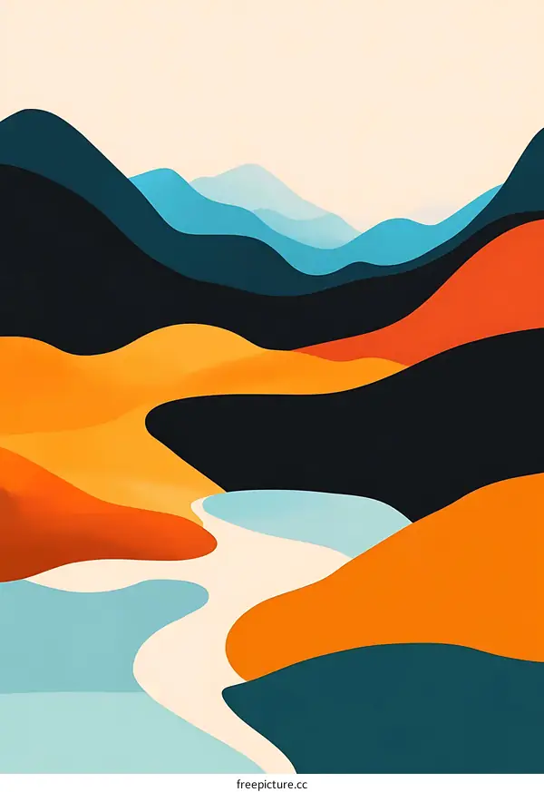 Abstract Mountain Landscape with River in Blue, Orange, Yellow and Black Colors