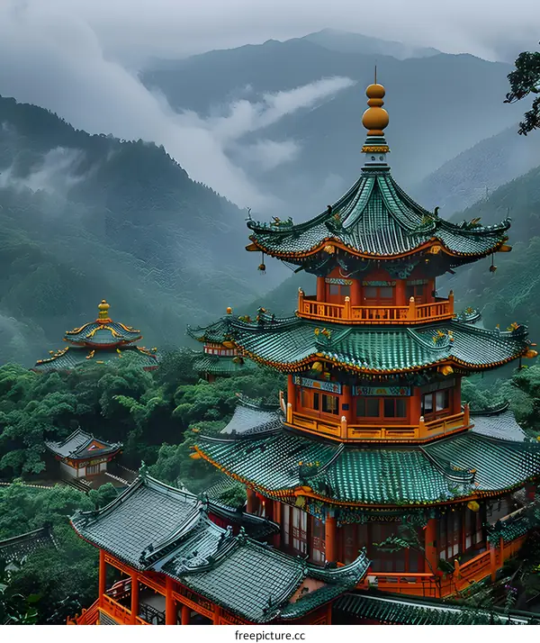 Ancient Chinese architecture in the mist