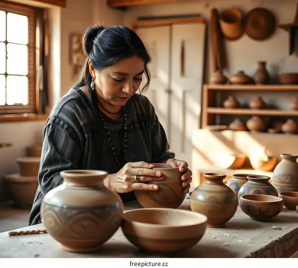 Hispanic Woman Craftsperson Working on Pottery in a Workshop