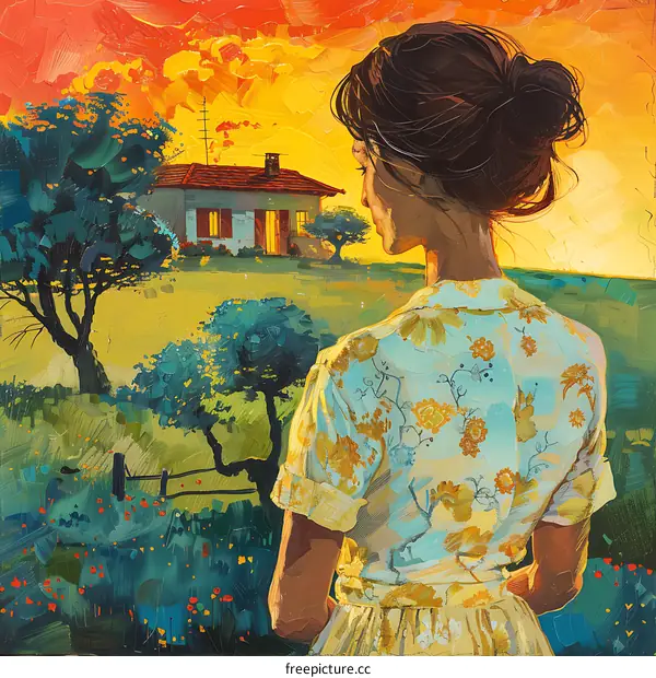 A girl in a yellow dress is standing in a field, looking into the distance
