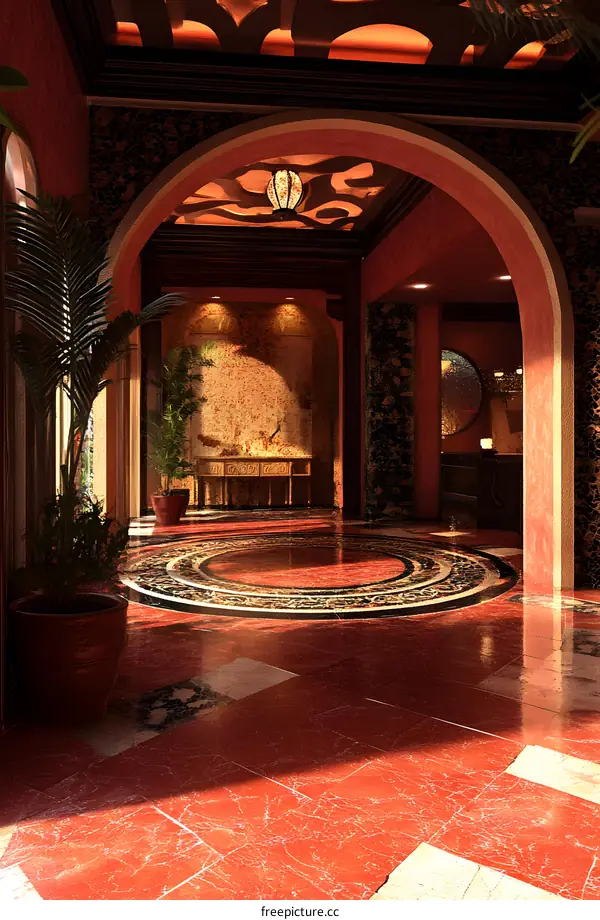 Red Marble Floor With Archways And Plants In An Interior Design