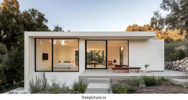 Modern White Minimalist House with Large Windows and Outdoor Patio