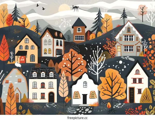 Autumn Village Illustration with Houses and Trees