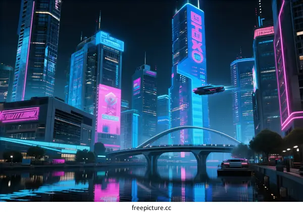 Futuristic Cityscape with Neon Lights and Hover Vehicles