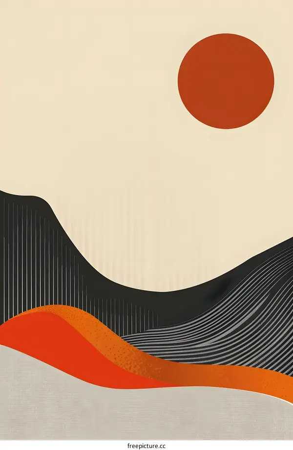 Abstract Minimalist Japanese Landscape With Red Sun And Black Mountain