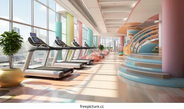 A colorful and modern fitness center with treadmills and a playground