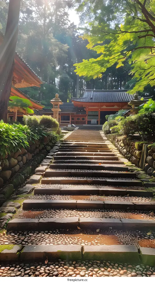 A stone path leading up to a Japanese temple
